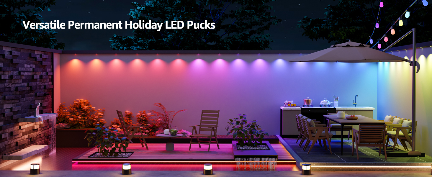 Outdoor patio scene illuminated by colorful LED strip lights, showcasing versatile permanent holiday lighting. Lights transition through rainbow colors above furniture and plants.