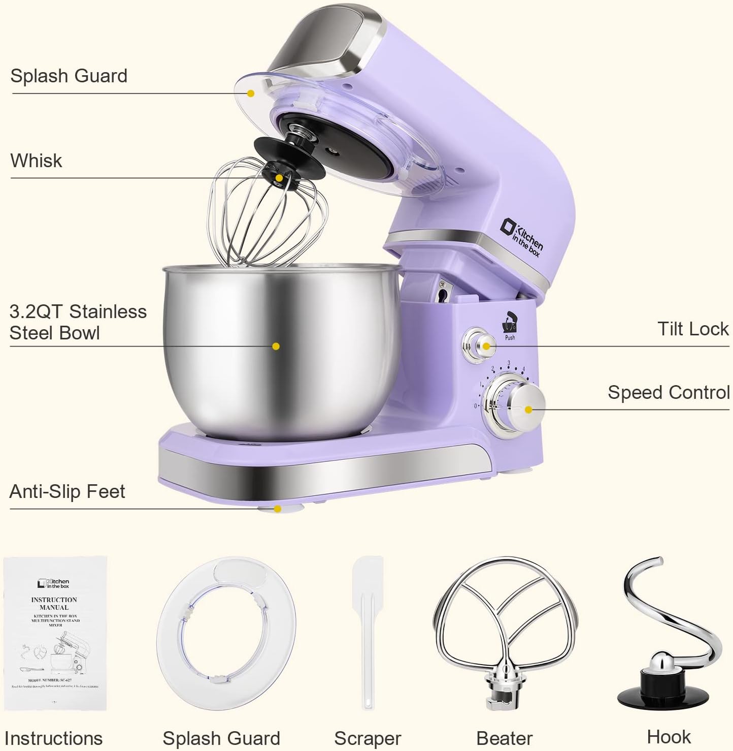 Stand Mixer, Kitchen in the box 3.2Qt Small Electric Food Mixer,6 Speeds Portable Lightweight Kitchen Mixer for Daily Use with Egg Whisk,Dough Hook,Flat Beater (Purple) - Image 3
