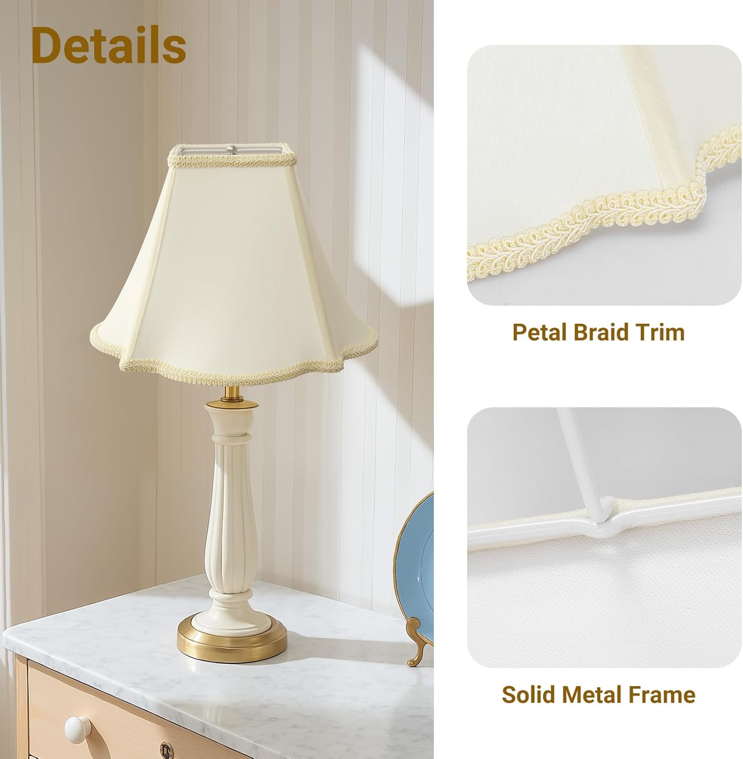 Bell Lamp Shades Set of 2, Cream Fancy Square Lamp Shade with Petal Edge Braid, 5.1" x 12.6" x 9.1" Lampshades for Table Lamps Floor Lamps, Spider, Harp Holders Included, Assembly Required - Image 6