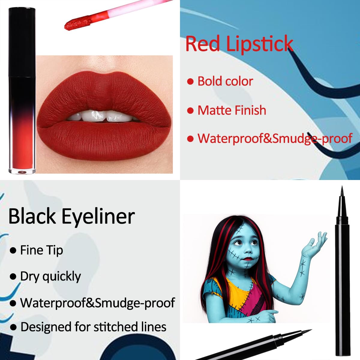 Mysense Sally Makeup Kit,Halloween Sally Costume Corpse Bride Makeup,Sally Face Cosplay Accessories for Women Girls Kids,Light Blue Face Paint+Red Lipstick+Black Liquid Eyeliner+Sponges - Image 4