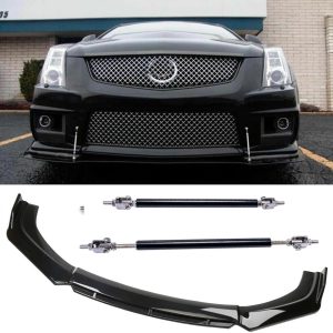 Compatible with 2009-2021 Cadi-llac CTS CTS-V Front Bumper Lip Body Kit Spoiler Splitter + Strut Rods Chin Diffuser Glossy Black