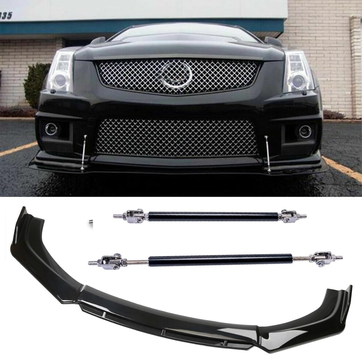 Compatible with 2009-2021 Cadi-llac CTS CTS-V Front Bumper Lip Body Kit Spoiler Splitter + Strut Rods Chin Diffuser Glossy Black