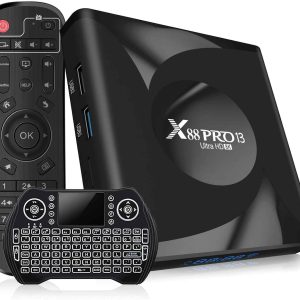 Android TV Box 13.0-4GB RAM 64GB ROM Quad-Core 64bit Smart TV Box with WiFi6 2.4G 5G and Bluetooth 5.0 - Android Box Supports 3D 8K H.265 Videos - Wireless Keyboard Included