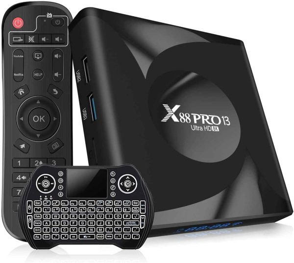 Android TV Box 13.0-4GB RAM 64GB ROM Quad-Core 64bit Smart TV Box with WiFi6 2.4G 5G and Bluetooth 5.0 - Android Box Supports 3D 8K H.265 Videos - Wireless Keyboard Included