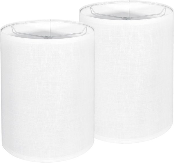 Tall Lamp Shades Set of 2, Drum Lampshade for Table Lamps Floor Lamp, 10" Top X 10" Bottom X 13" High White Large Line Fabric Lamp Shades, Easy Assembly Replacement Lampshades