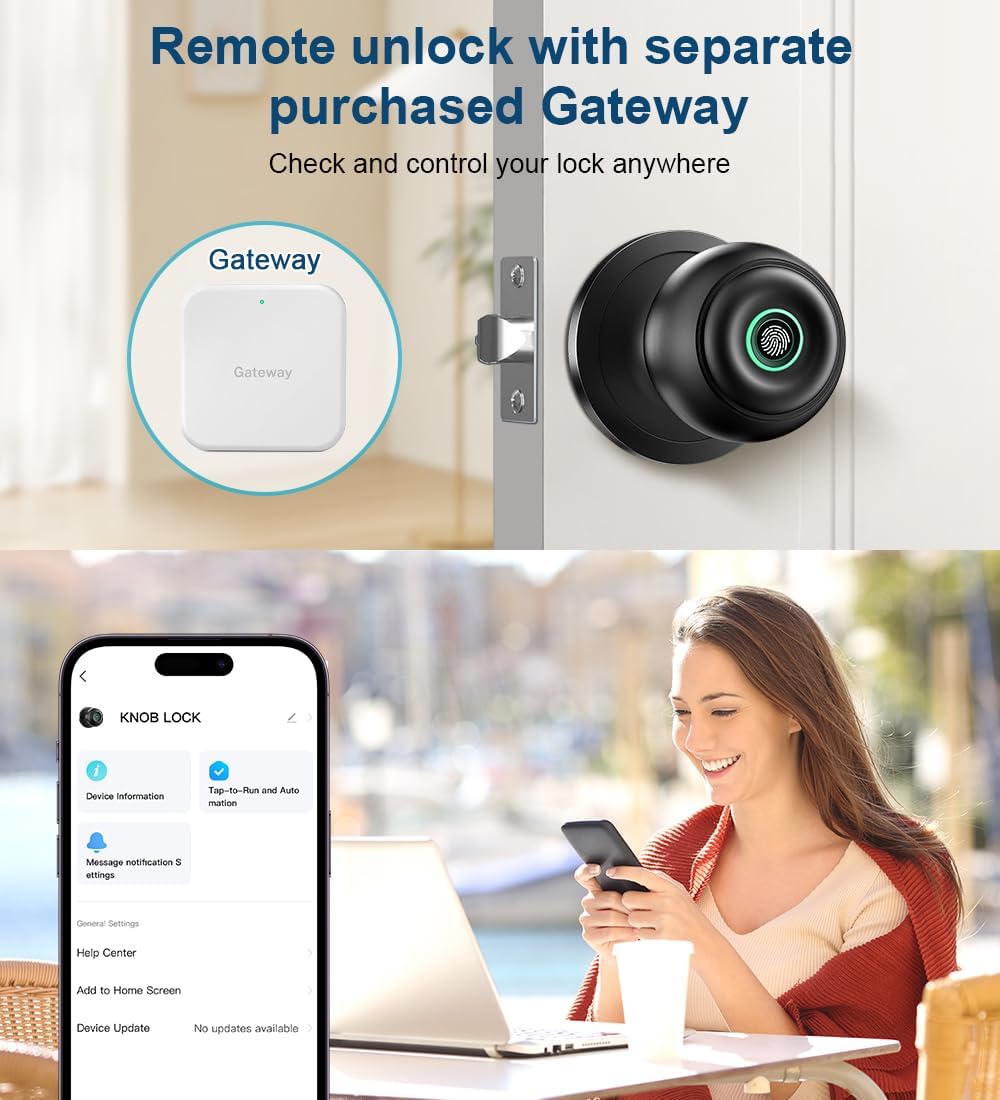 Fingerprint Door Lock, Smart Fingerprint Door Knob with Lock, Biometric Door knob with App Control & Key, Keyless Thumbprint Entry Door Lock for Bedroom, Front Door, Home, Apartment Office-Matte Black - Image 8
