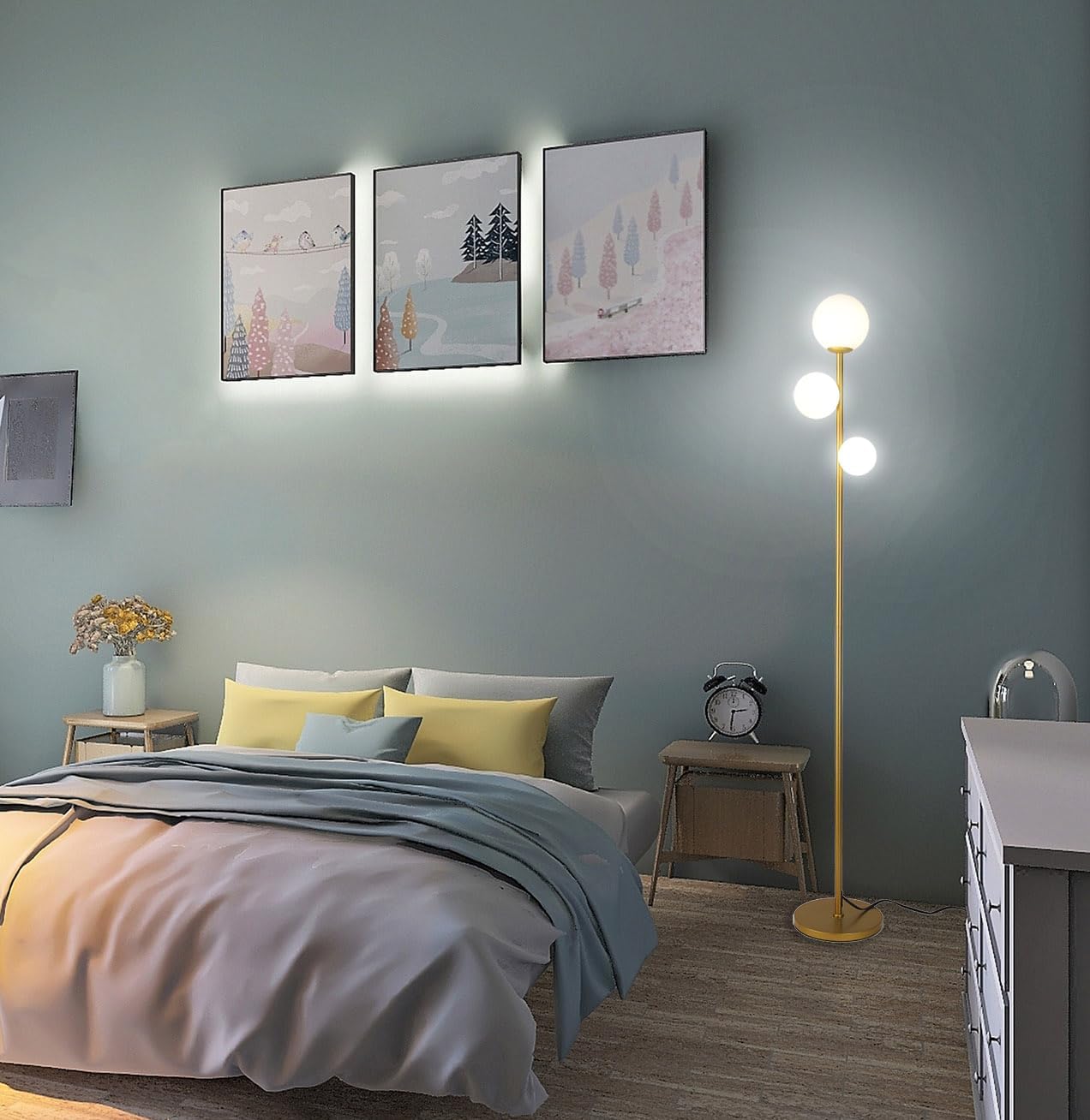 Fiqevs 3 Globe Mid Century Modern Floor Lamp for Living Room, Gold Standing Lamp with Frosted Glass Shade and 3x2700K Warm LED Bulbs, Vintage Retro Tall Lamps for Bedrooms, Office - Antique Brass - Image 7