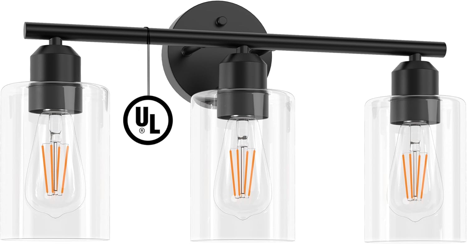 Espird Bathroom Vanity Light Fixtures Matte Black Bathroom Lighting Fixture, 3 Lights Bathroom Light Fixture Over Mirror, Modern Black Vanity Light, UL Certified Wall Sconces with Glass Shades - Image 10