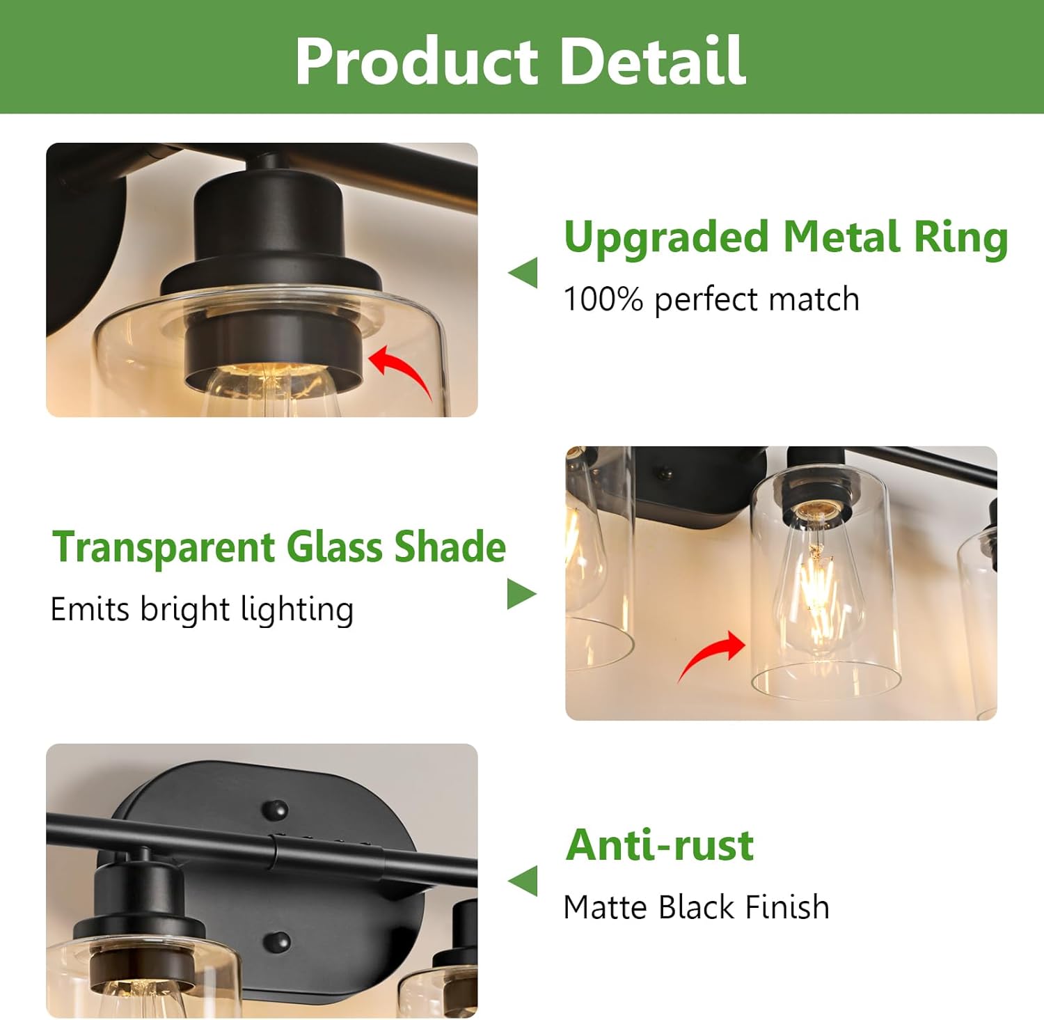 Ascher 4-Light Bathroom Light Fixtures, Modern Vanity Lights with Clear Glass Shade, Matte Black Wall Lamp for Bathroom Mirror Hallway Cabinet Porch - Image 7