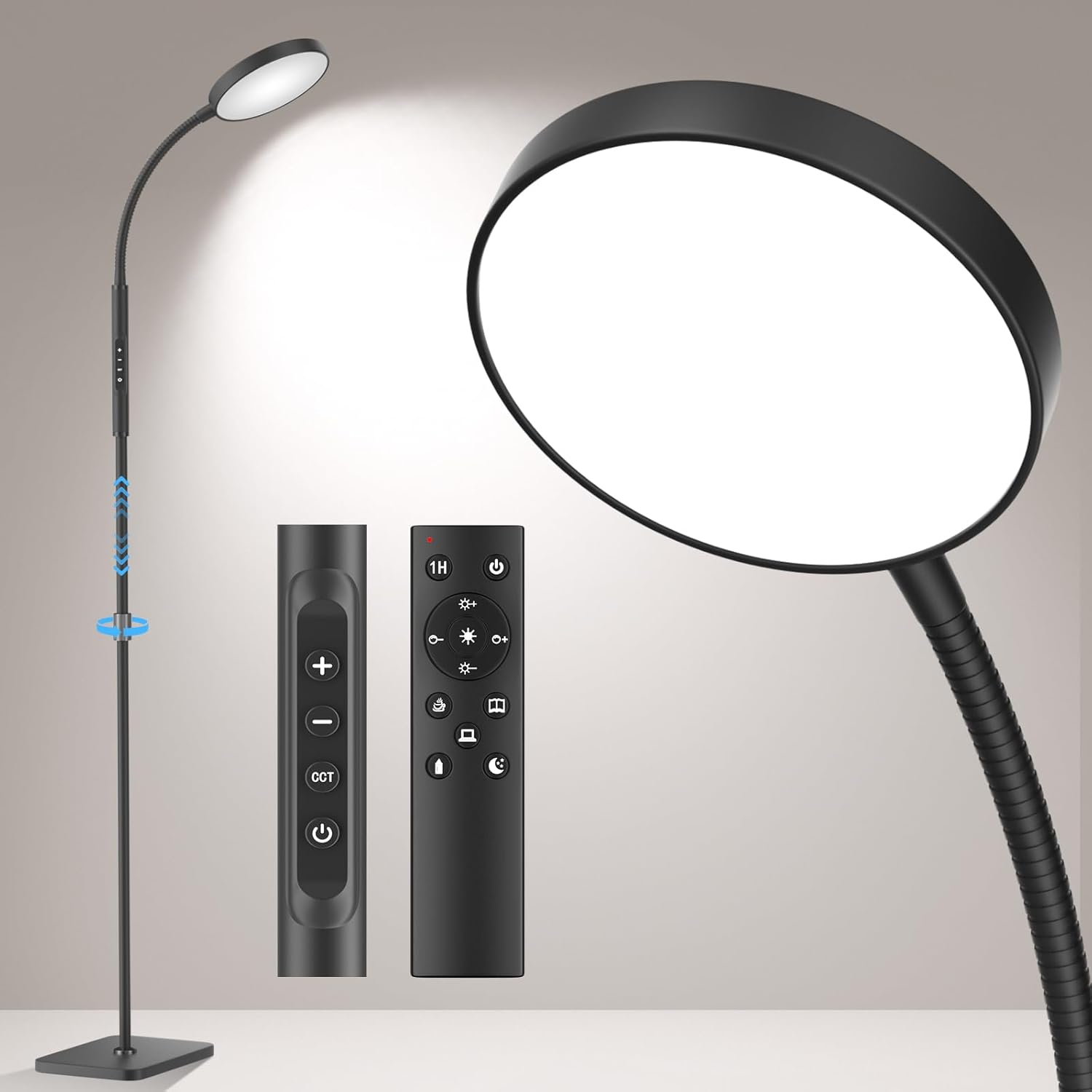 Floor Lamp, Adjustable Height Floor Lamps for Living Room Bedroom, 120 LED Super Bright Standing Lamp Remote & Touch Control Dimmable Gooseneck Tall Stand Reading Lamp for Office Craft, Black