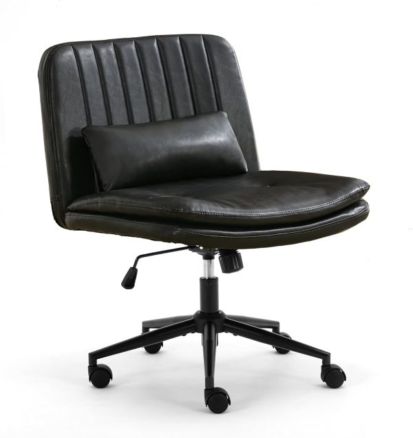 URRED Criss Cross Office Chair, Cross Legged Office Seat with Wheels Armless Swivel Vanity Chair, Height Adjustable Wide Computer Task Seating for Home Office (Black)