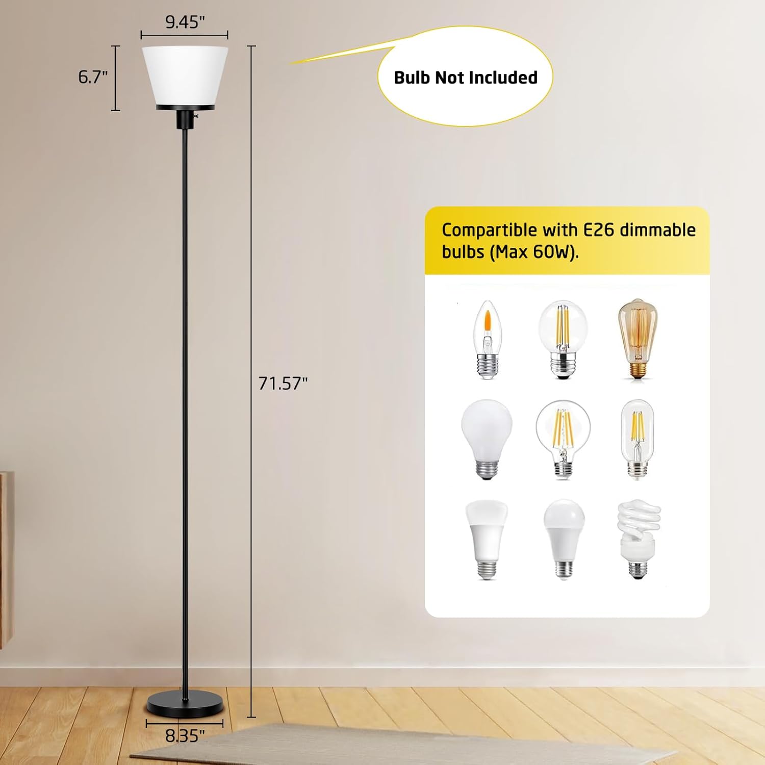LED Floor Lamp Tall Standing Lamp, Black Modern Torchiere Floor Lamps for Bedroom Living Room Office, Bright Floor Lamp with White Plastic Shade, Bulb Not Included. - Image 4