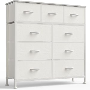 OLIXIS 9 Drawer Storage Dresser with Wood Top - Wide Fabric Chest Organizer for Bedroom, Closet, Living Room,Tower Cabinet, TV Stand, Hallway Entryway Furniture,Bright White