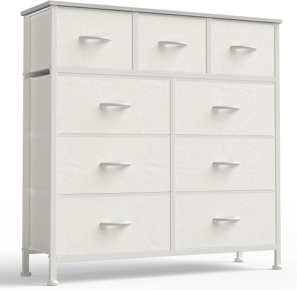 OLIXIS 9 Drawer Storage Dresser with Wood Top - Wide Fabric Chest Organizer for Bedroom, Closet, Living Room,Tower Cabinet, TV Stand, Hallway Entryway Furniture,Bright White