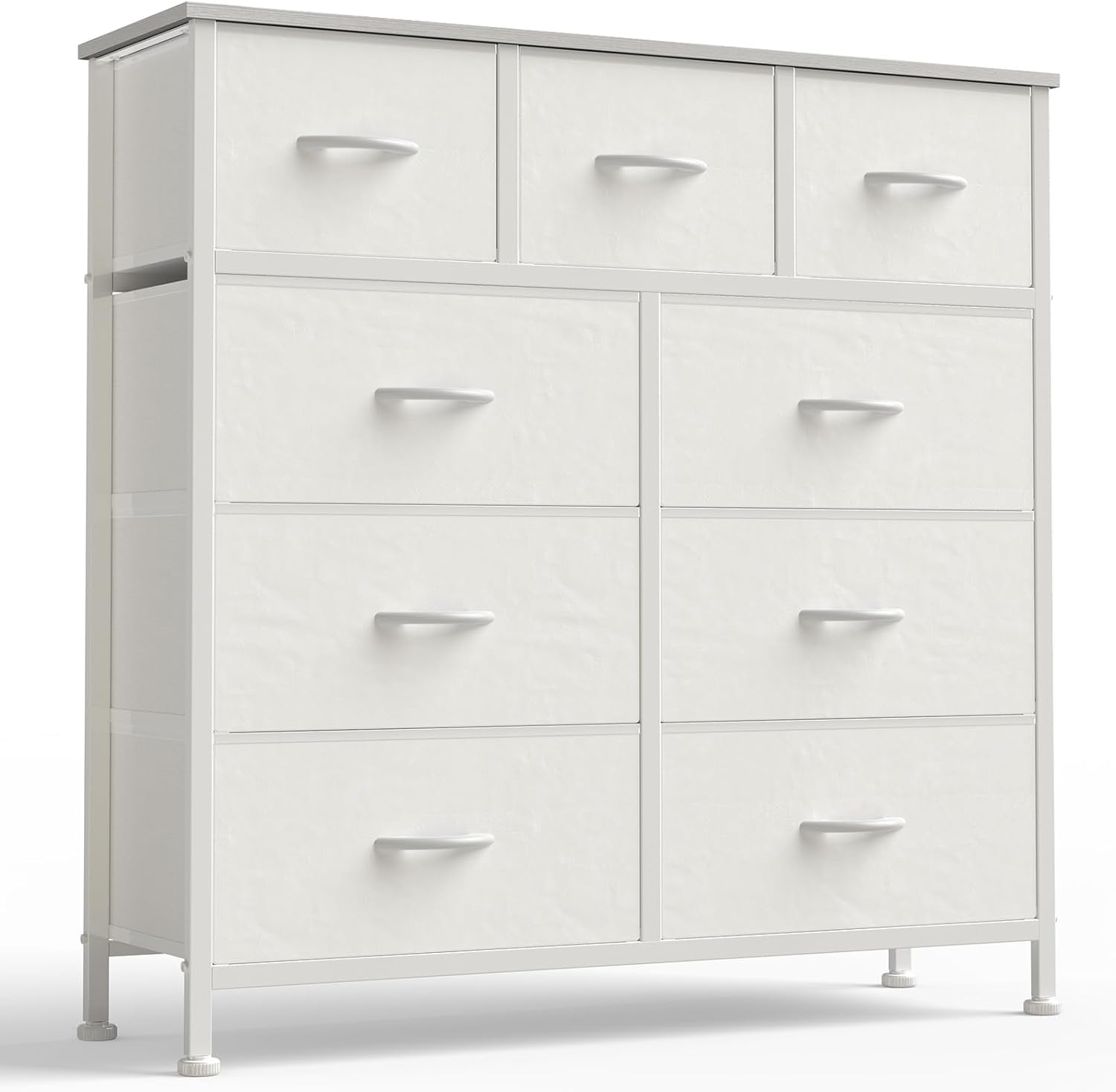 OLIXIS 9 Drawer Storage Dresser with Wood Top - Wide Fabric Chest Organizer for Bedroom, Closet, Living Room,Tower Cabinet, TV Stand, Hallway Entryway Furniture,Bright White