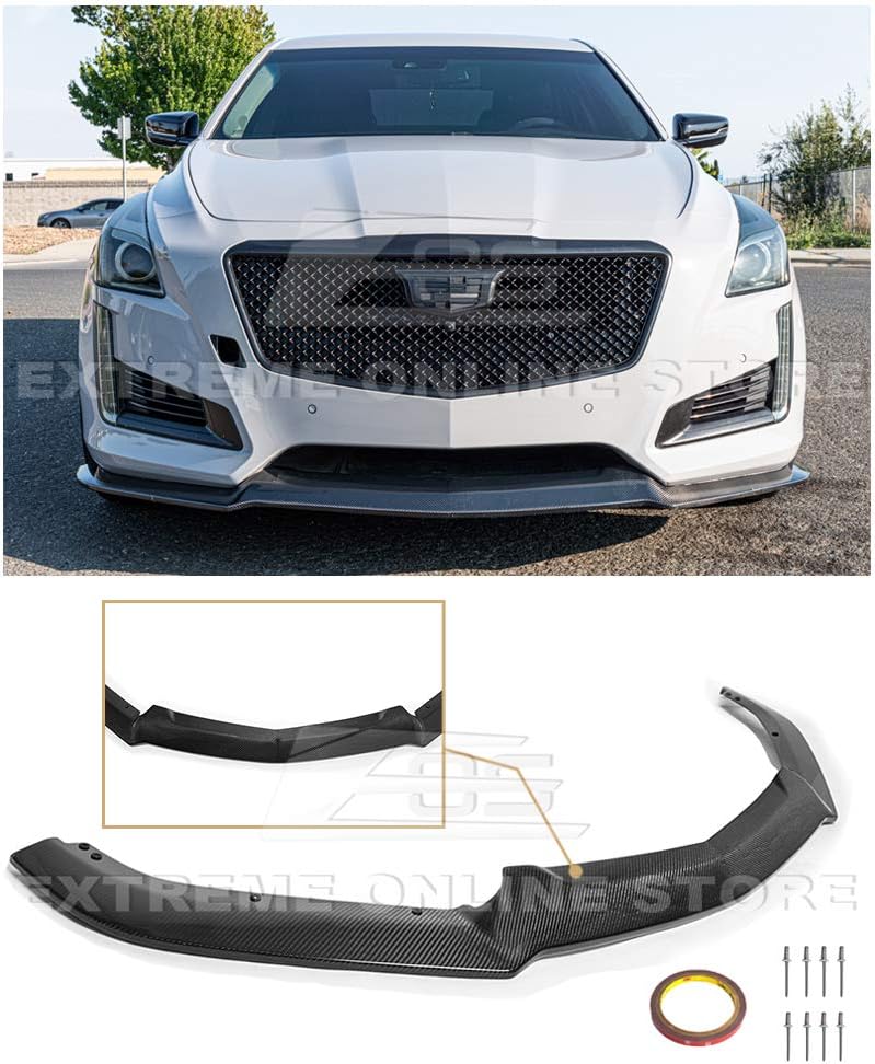 Replacement For 2014-2019 Cadillac CTS | V-Style Carbon Fiber Package Front Bumper Lower Lip Splitter (Carbon Fiber)