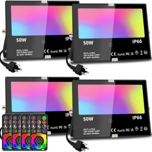 MELPO Led Flood Light 500W Equivalent, RGBW Led Outdoor Lights Colored Floodlight with Remote,50W,5000ML 2700K,120 Colors, Timing, Dimmable, Custom Modes, Landscape Lighting (4 Pack)