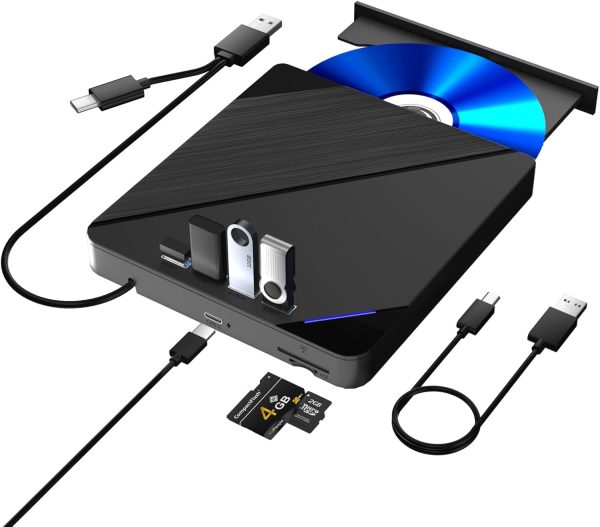 External Blu ray Drive, 7 in 1 Support 100G Disc R/W, USB3.0 Type-C Bluray Drive BD DVD CD Burner with 4 USB Ports, SD/TF Card Slot Compatible with Windows Linux MacOS (Blu ray &CD &DVD)