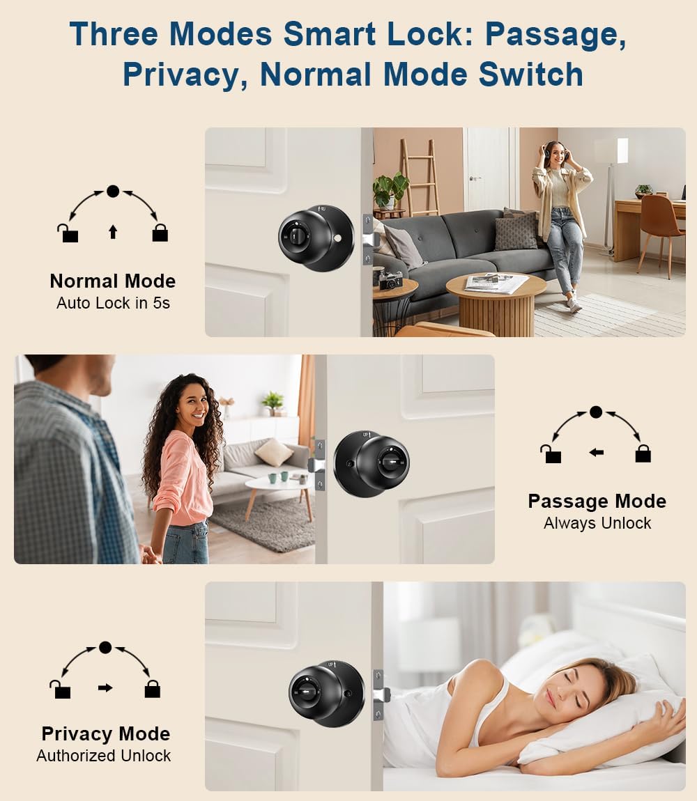 Fingerprint Door Lock, Smart Fingerprint Door Knob with Keypad, Biometric Door knobs with App Control, Auto Lock Door Lock with Code, Keyless Door Knob with Locks for Bedroom, Home,Office-Matte Black - Image 6