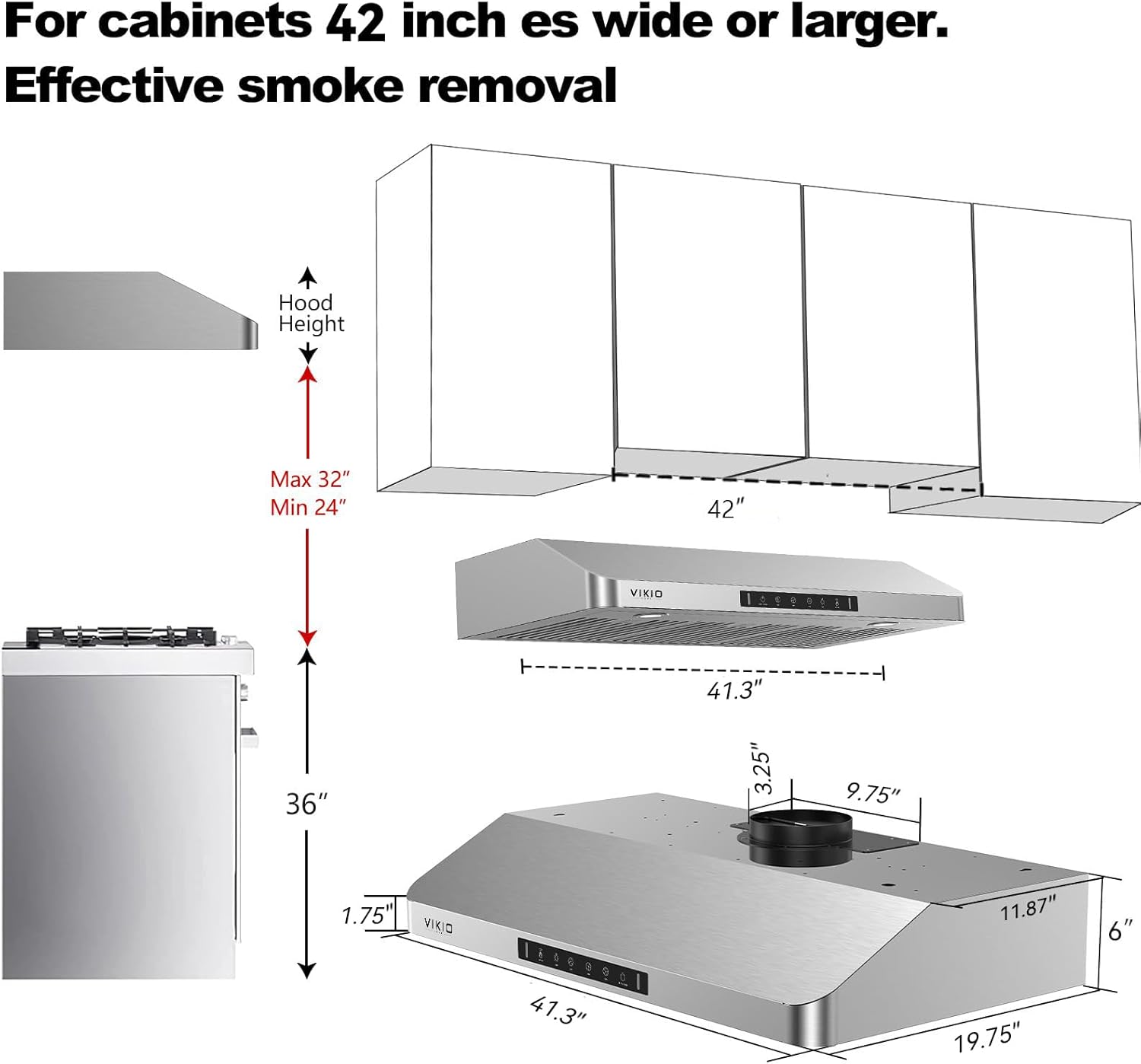 Range Hood 42 Inch Under Cabinet, 980CFM Fast Venting Ducted, Kitchen Hood With 3 Speed Gesture Sensing & Touch Control, Stainless Steel Stove Hood With LED Light And 2 Baffle Filters - Image 7