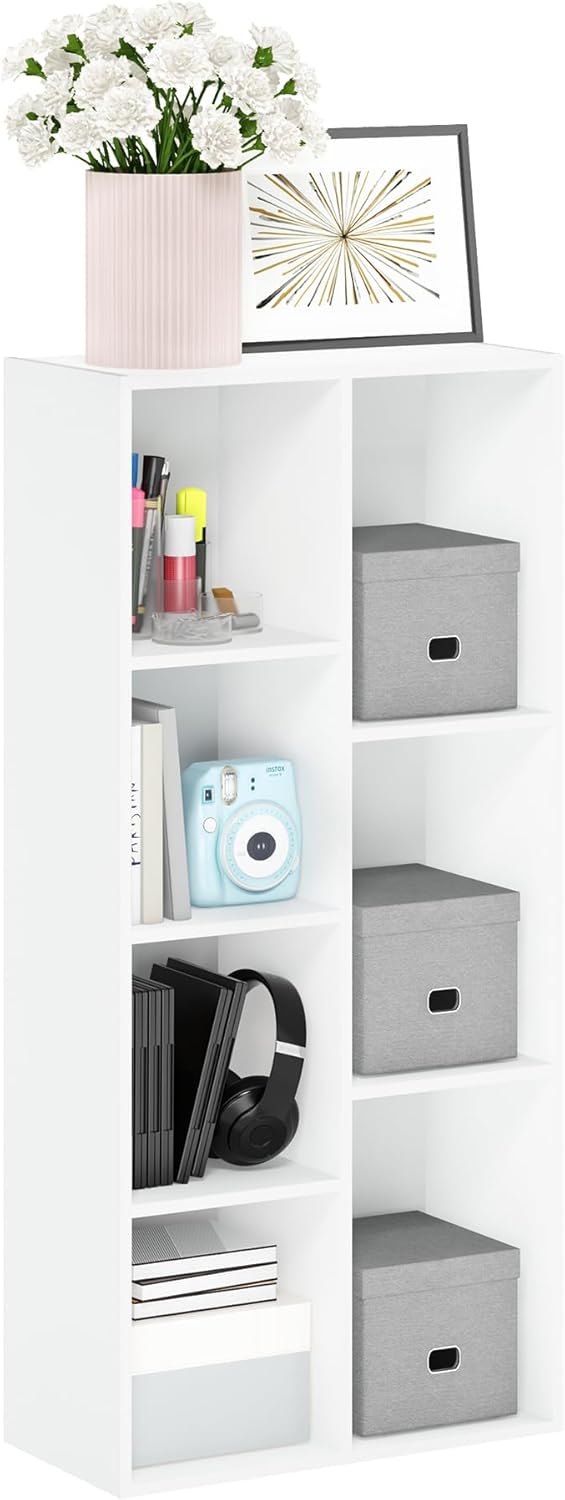 Furinno LUDER Book Shelf, 7-Cube Bookshelf, Bookcase, 9.4" x 19.5" x 41.7", for Living Room, Bedroom, Home Office, White