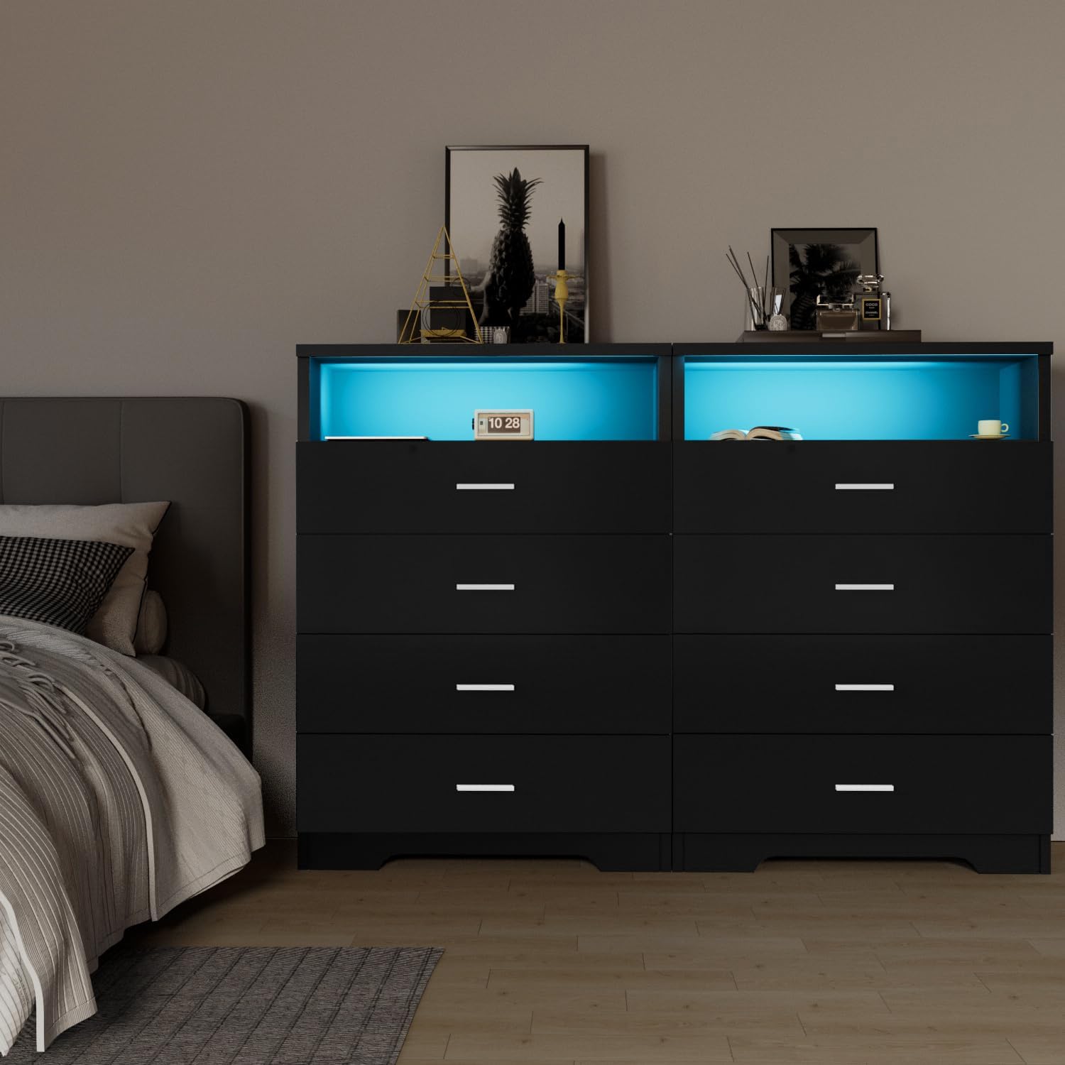 Dresser with Power Outlets and LED Lights Wooden 4 Drawer Dresser with Large Organizer Tall Black Drawer for Bedroom Modern Chest of Drawers Closet for Living Room Kids Room - Image 7