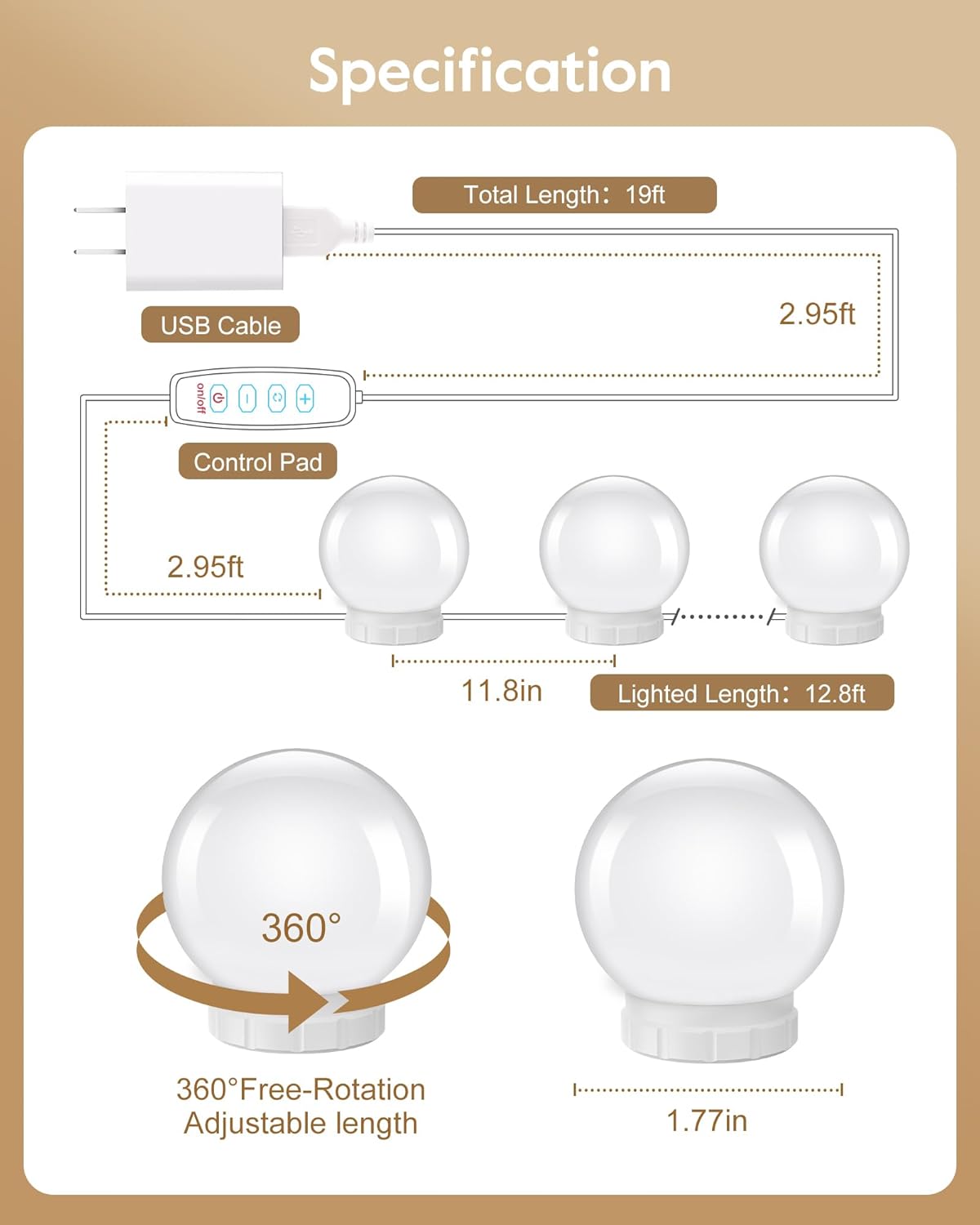 Brightown 14 Bulb Dimmable Hollywood Makeup Mirror Lights, 22Ft Adjustable Vanity Lighting Fixtures for Full Length Mirror (Mirror Not Included) - Image 5