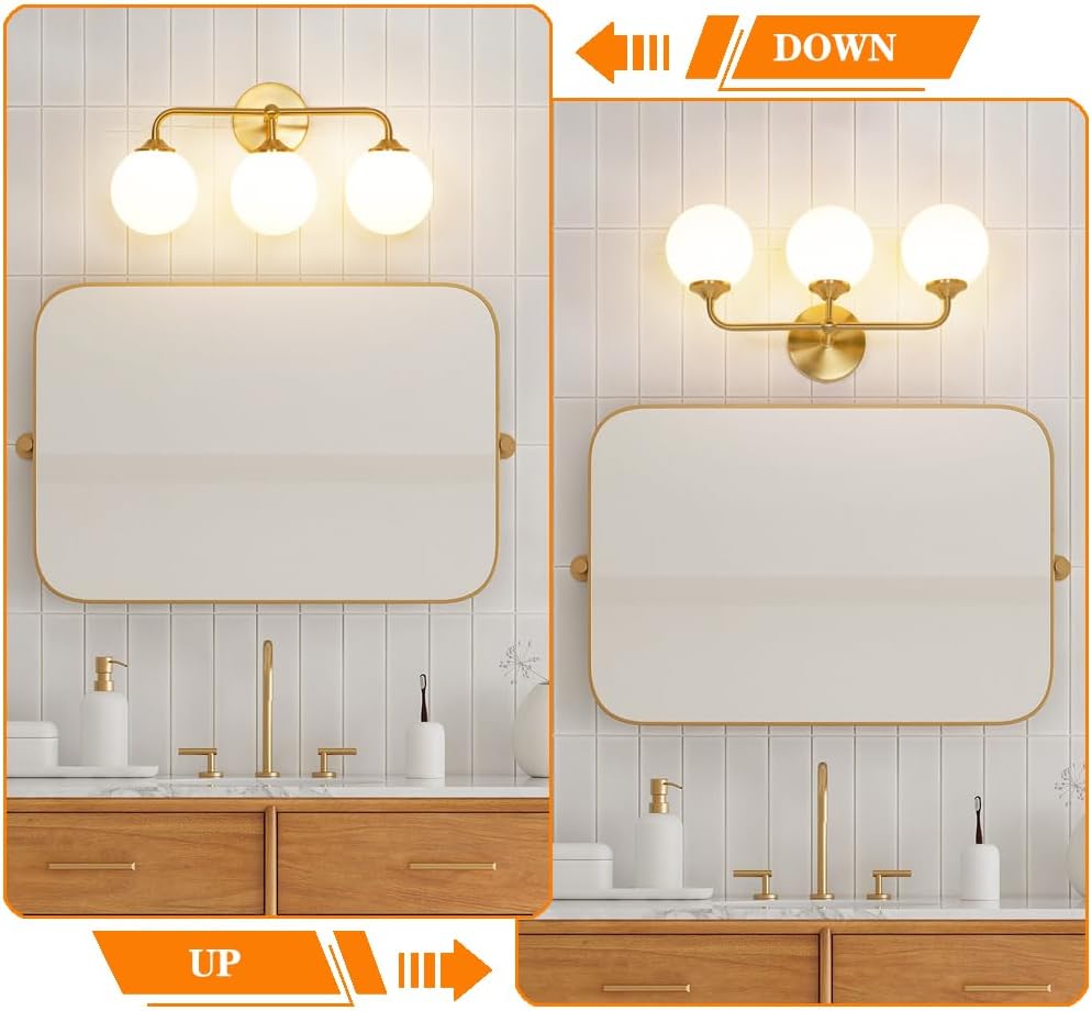 Modern Brushed Gold 3-Lights Vanity Light Fixtures with Milky White Glass Ball Shades, Mid Century Brass Wall Sconce Lighting Fixtures over Mirror, Wall Sconces for Bathroom Dressing Table Bedroom - Image 6