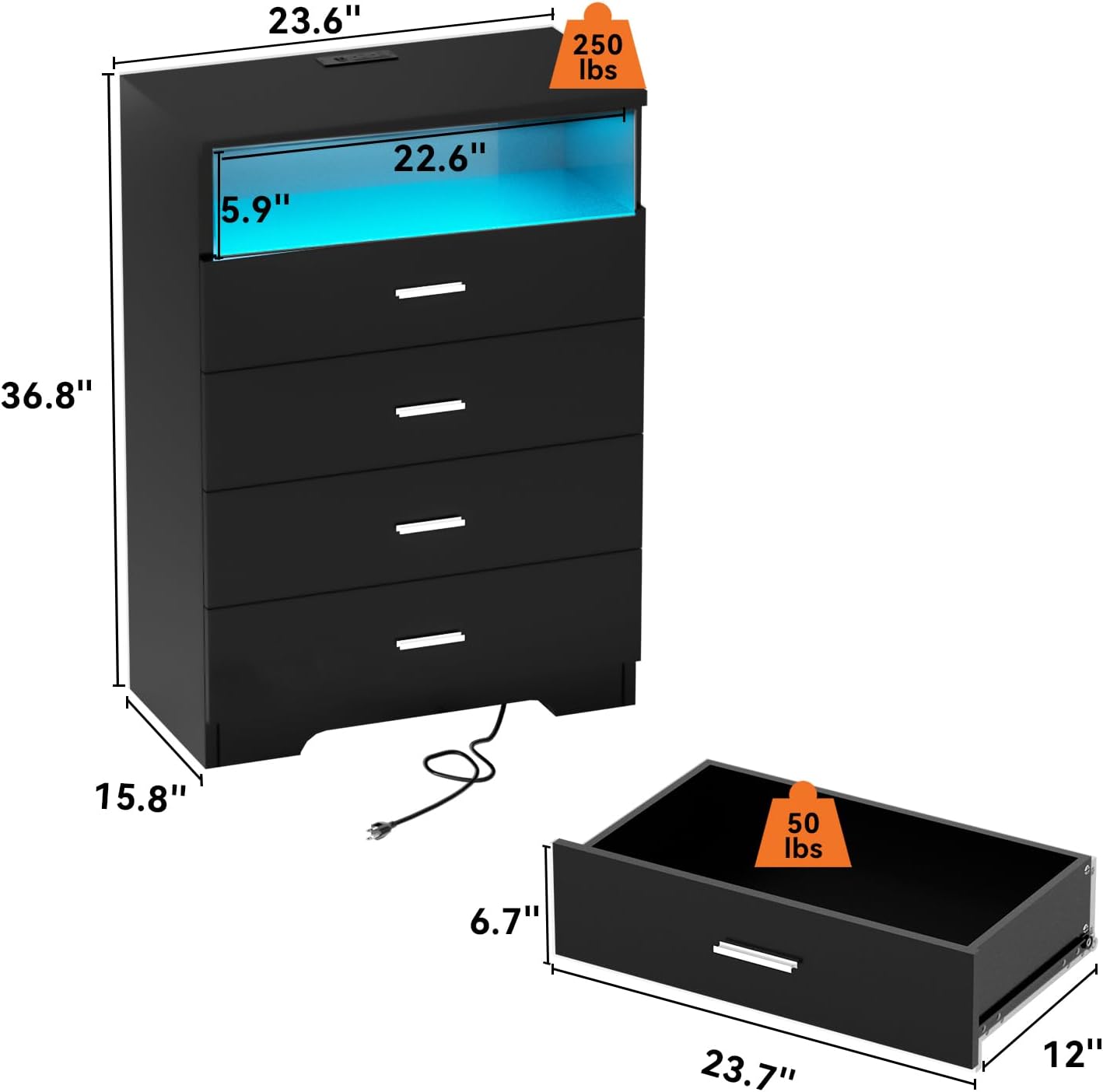 Dresser with Power Outlets and LED Lights Wooden 4 Drawer Dresser with Large Organizer Tall Black Drawer for Bedroom Modern Chest of Drawers Closet for Living Room Kids Room - Image 3