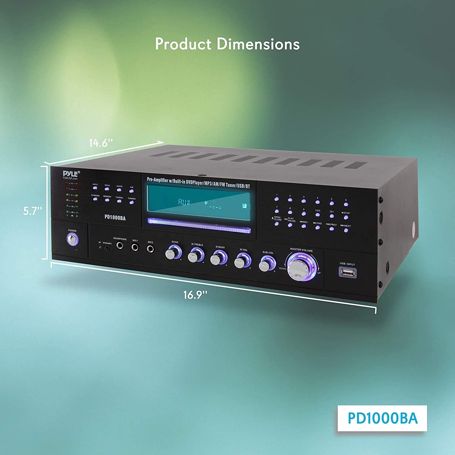 Pyle 4-Channel Wireless Bluetooth Power Amplifier - 1000W Stereo Speaker Home Audio Receiver w/ FM Radio, USB, Headphone, 2 Microphone w/ Echo, Front Loading CD DVD Player, LED, Rack Mount - PD1000BA - Image 2