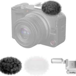 SmallRig Furry Windscreen Kit (2pcs) for Canon EOS R50 V Camera, Cold Shoe Adapter with Wind Muff, Noise-Reduction, Includes Gray and White, for Light Microphone Attachment - 5434
