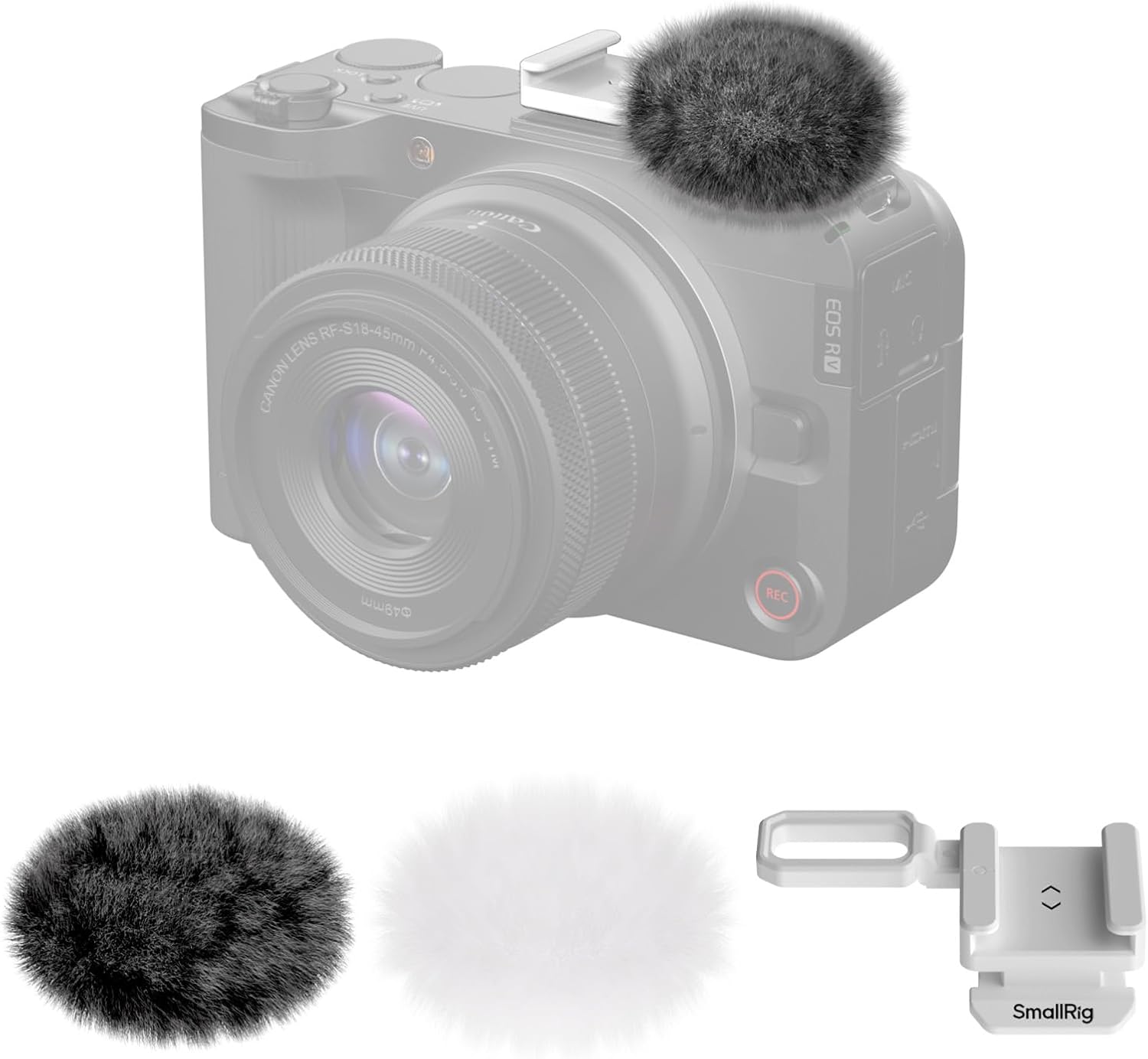 SmallRig Furry Windscreen Kit (2pcs) for Canon EOS R50 V Camera, Cold Shoe Adapter with Wind Muff, Noise-Reduction, Includes Gray and White, for Light Microphone Attachment - 5434