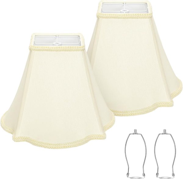 Bell Lamp Shades Set of 2, Cream Fancy Square Lamp Shade with Petal Edge Braid, 5.1" x 12.6" x 9.1" Lampshades for Table Lamps Floor Lamps, Spider, Harp Holders Included, Assembly Required