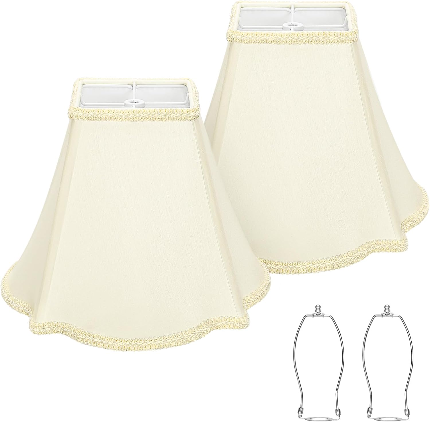 Bell Lamp Shades Set of 2, Cream Fancy Square Lamp Shade with Petal Edge Braid, 5.1" x 12.6" x 9.1" Lampshades for Table Lamps Floor Lamps, Spider, Harp Holders Included, Assembly Required