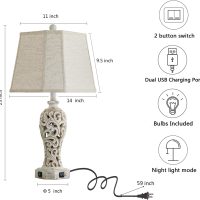 Set of 2 Rustic Table Lamps for Living Room Bedroom, Farmhouse Vintage Nightstand Lamp with 2 USB Ports, Hollow Out Resin Lamp for End Table with Nightlight, Bulbs Included (Wash White) - Image 6