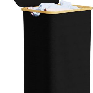 SpaceAid Laundry Hamper with Lid, 110L Large Tall Clothes Basket Bin with Bamboo Handles, Collapsible Laundry Hamper for Bedroom, Bathroom, Dorm, Laundry Room - Black