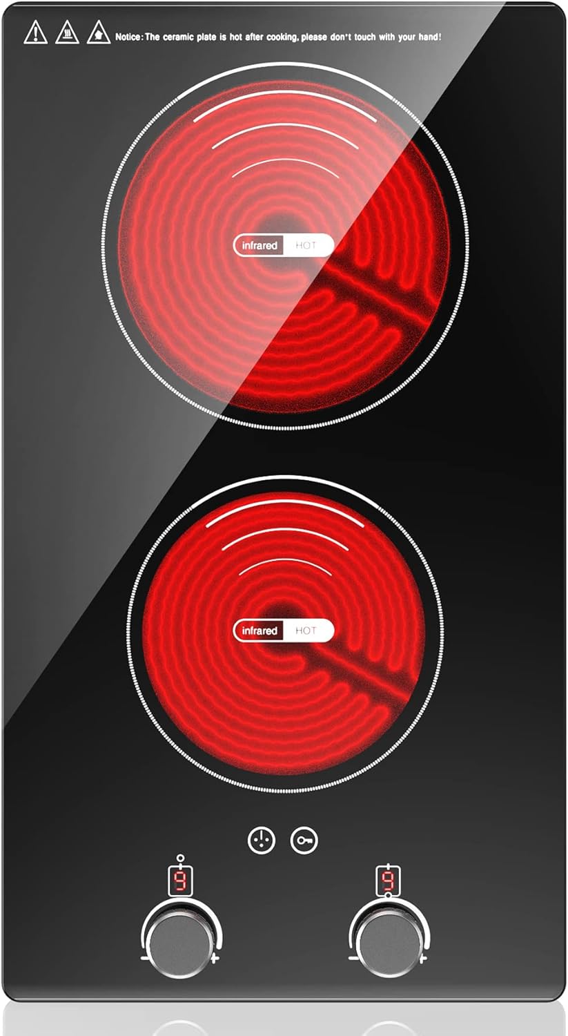 VBGK Electric Cooktop,110V 2400W Electric Stove Top with Knob Control,9 Power Levels, Kids Lock & Timer,LED touch control,Overheat Protection Electric stove,24 Inch desktop 2 burner