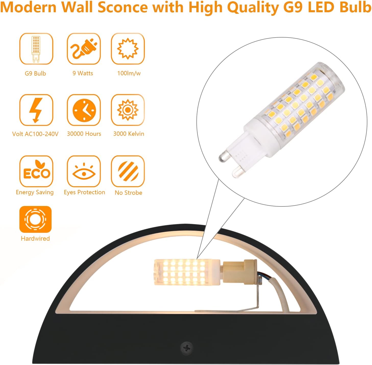 Aipsun Black Modern LED Wall Sconce Indoor Wall Lights 1 Pack Hardwired Up and Down Wall Mount Light for Living Room Bedroom Hallway Corridor Conservatory Warm White 3000K(with G9 Bulbs) - Image 3