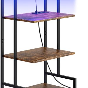 4-Tier AV Media Stand with Power Outlet and LED Lights,Wooden Stereo Stand Cabinet,Game Console Shelf for Small Space,Audio Rack Stand Tower Ideal for Video DVD Players,Xbox