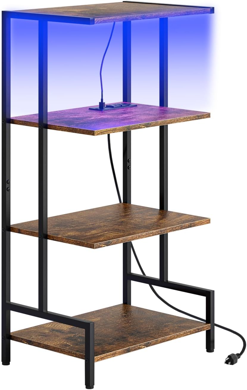 4-Tier AV Media Stand with Power Outlet and LED Lights,Wooden Stereo Stand Cabinet,Game Console Shelf for Small Space,Audio Rack Stand Tower Ideal for Video DVD Players,Xbox