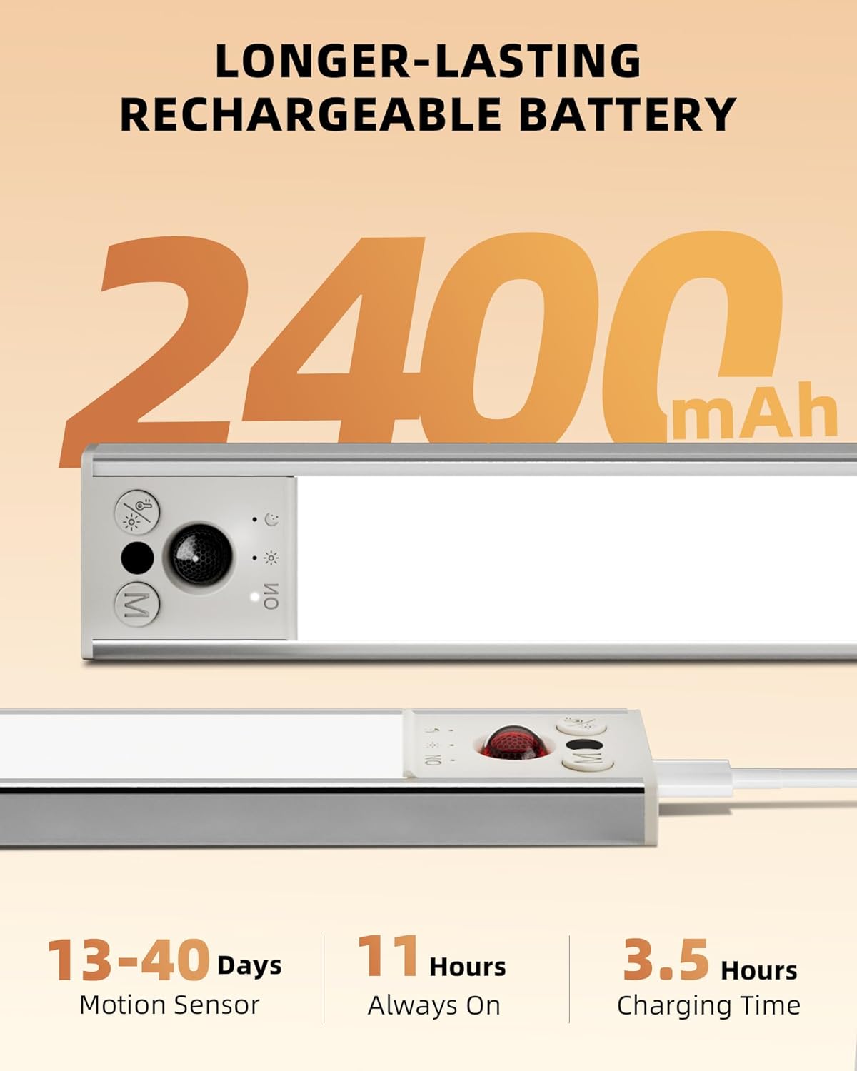 EZVALO 10inch Under Cabinet Lighting, LED Motion Sensor Light Indoor, 2400mAh USB Rechargeable Closet Lights, Dimmable & Magnetic Wireless Under Counter Lights for Kitchen, Pantry, Stairs (2 Pack) - Image 3