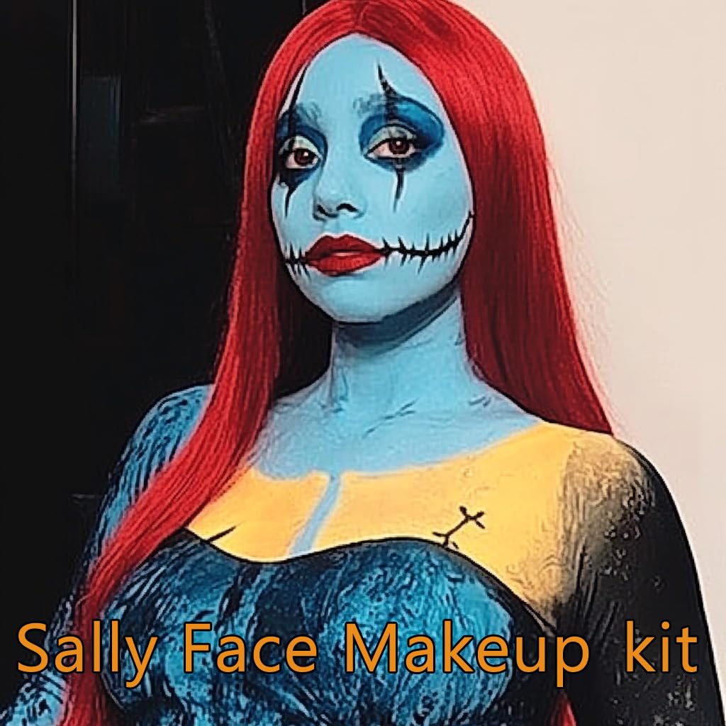 4 Pcs Sally Makeup Kit,Corpse Bride SFX Halloween Baby Blue ,Water Activated Face Paint Makeup Kit,Sally Face Costume Women Cosplay,Light Blue Body Paint+Eyeliner+Lipstick+Sponge - Image 3