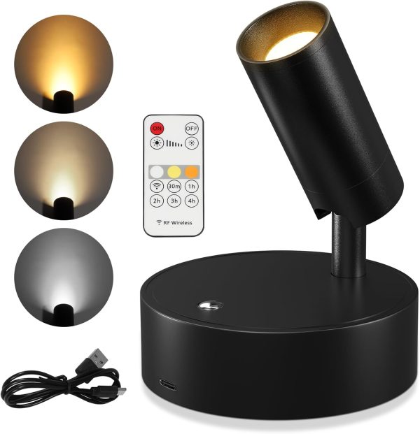 Wireless Led Spotlight Indoor, Rechargeable Uplighting Indoor with Remote Dimmable, 350° Rotate, Battery Powered Ceiling Spotlight for Artwork Painting Tree Plant Picture Lights