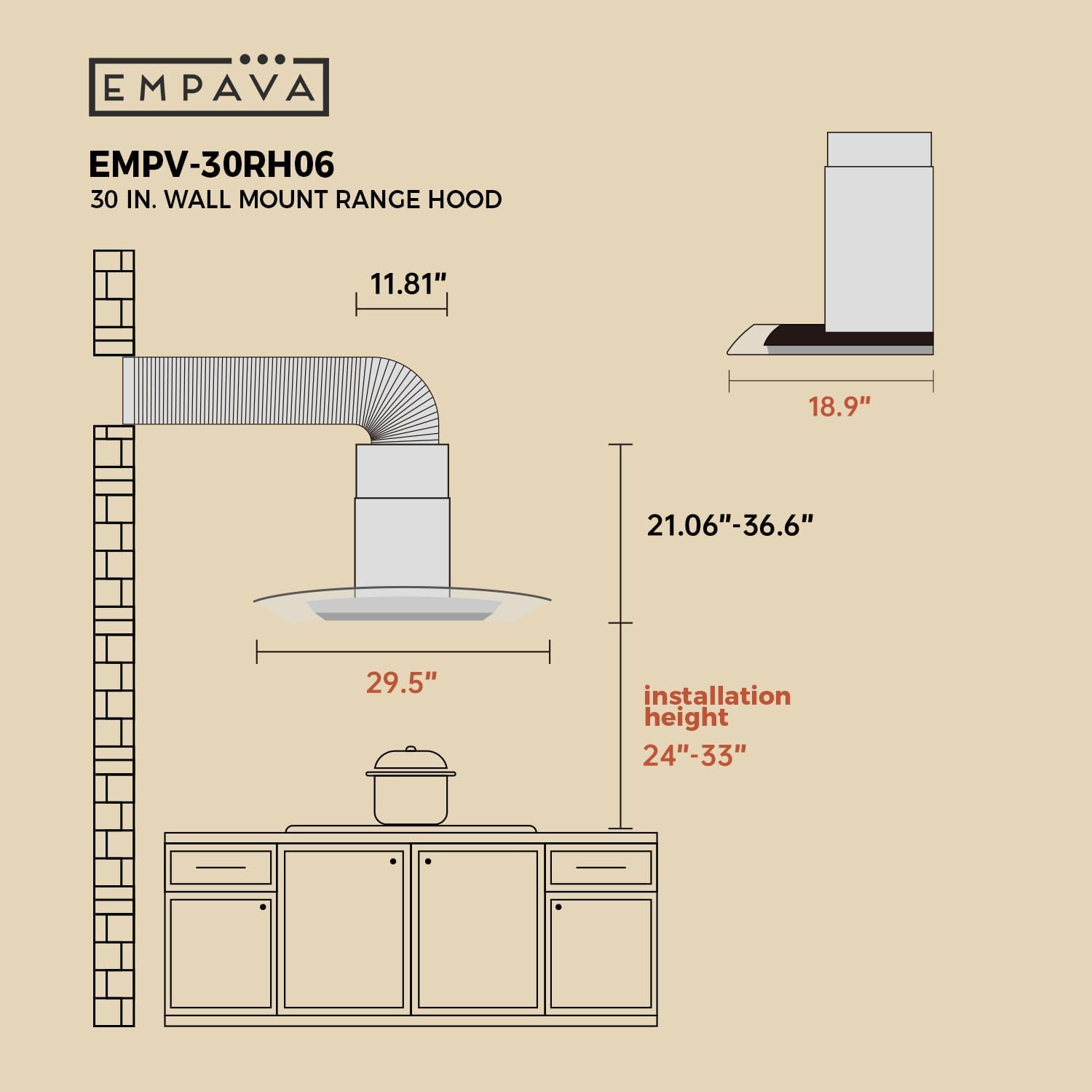 Empava Wall Mount Range Hood 30 Inch, Ducted/Ductless Kitchen Exhaust Stove Vent with Modern Style, 400CFM, 3-Speed, Touch Control, Timer, LED Lights, Stainless Steel (Charcoal-Filter Sold Separately) - Image 6