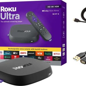 Roku Ultra Ultimate Streaming Player, 4K Streaming Device for TV, Dolby Vision & Atmos, HDR10+, Rechargeable Voice Remote Pro, Bluetooth & Wi-Fi 6, Backlit Buttons, with USB Extension Cord and HDMI
