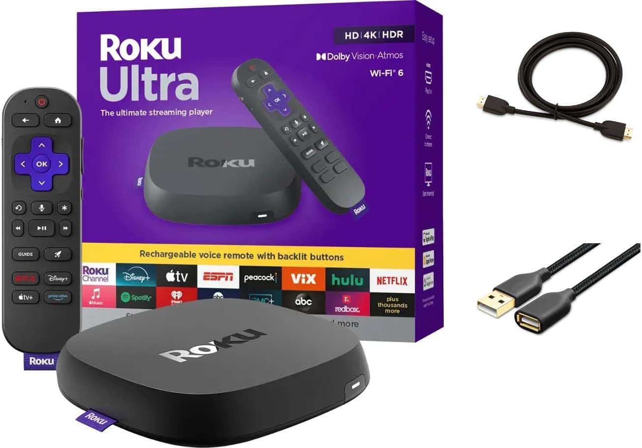 Roku Ultra Ultimate Streaming Player, 4K Streaming Device for TV, Dolby Vision & Atmos, HDR10+, Rechargeable Voice Remote Pro, Bluetooth & Wi-Fi 6, Backlit Buttons, with USB Extension Cord and HDMI