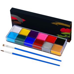 Face Painting Kit for Kids, 12 Colors Oil-Based Face Paint with 2 Brushes, Non-Toxic Halloween Makeup Kit, Professional Face Body Paint for Halloween, Parties, Carnival, School Events