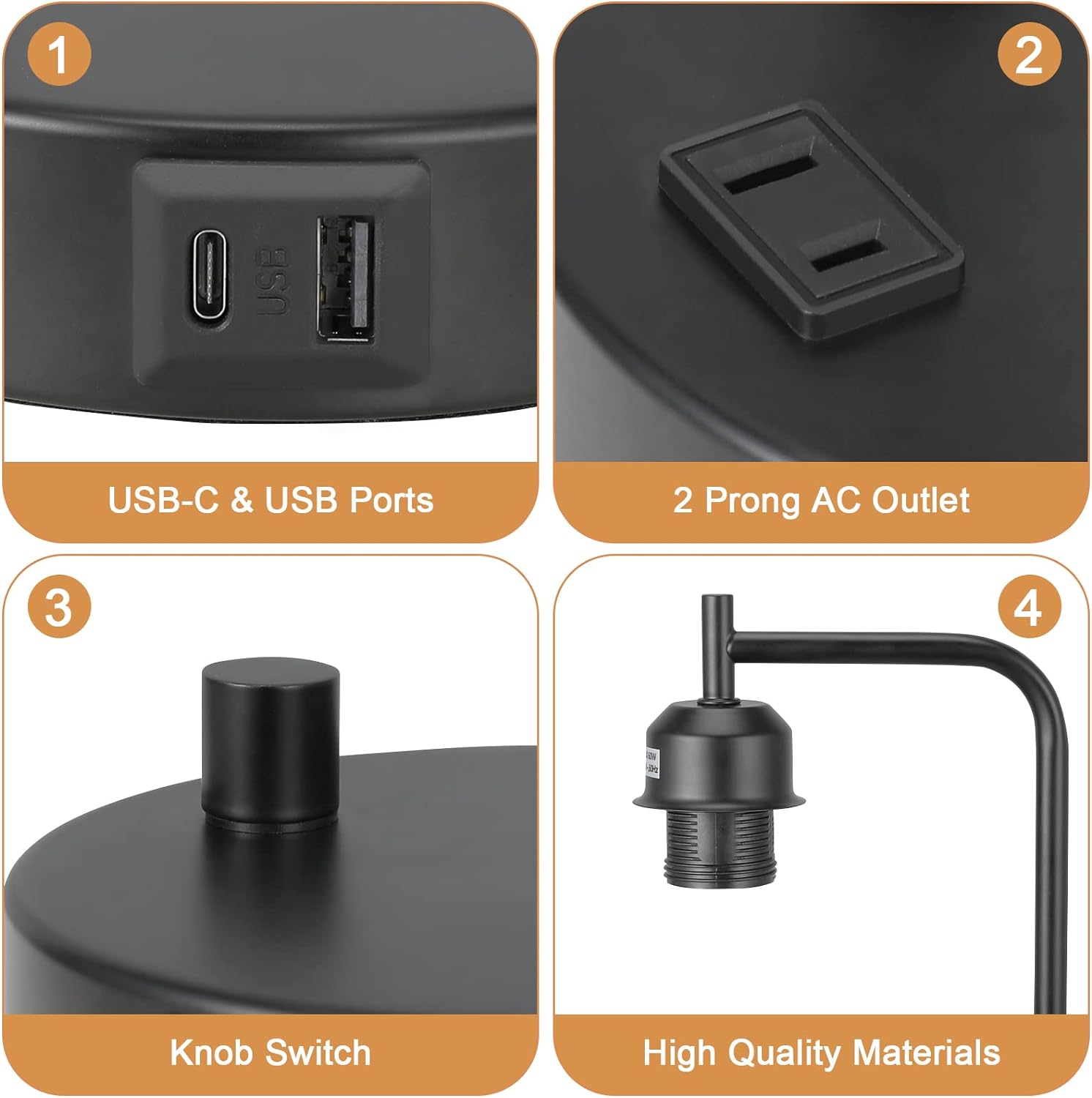 Industrial Bedside Table Lamp for Bedroom - Nightstand Lamps with USB C Charging Port, Fully Dimmable Black Ports and Outlets, Small Desk Glass Shade Office Living Room - Image 6