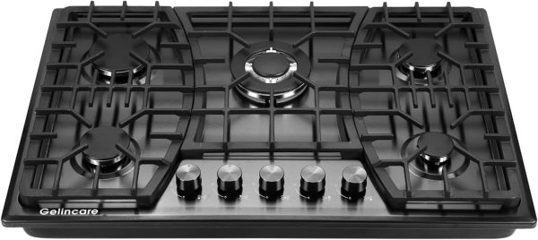 Gas Cooktop 30 Inch, 5 Burner Stove top, Built-in Propane/Natural Gas Convertible Hob, Stainless Steel Countertop Built-in with Thermocouple Protection, Black