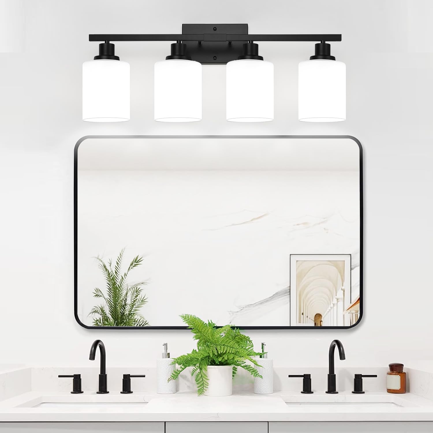 4-Light Bathroom Light Fixtures, Vanity Light with Milky White Shades, Matte Black Bathroom Light Fixtures Over Mirror, Modern Bathroom Wall Lamp for Mirror Living Room Cabinet Bedroom - Image 5